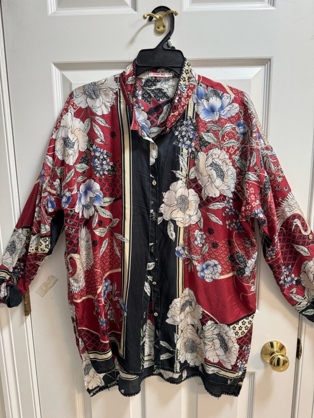 Johnny Was Silk Red Floral Button-Up Tunic